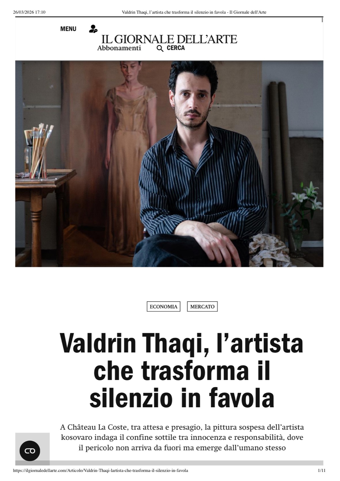 Il Giornale dell'Arte coverage of Valdrin Thaqi